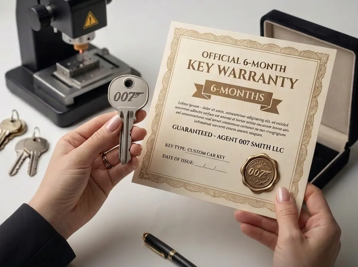 Agent 007Smith key and six-month warranty certificate beside key-cutting equipment
