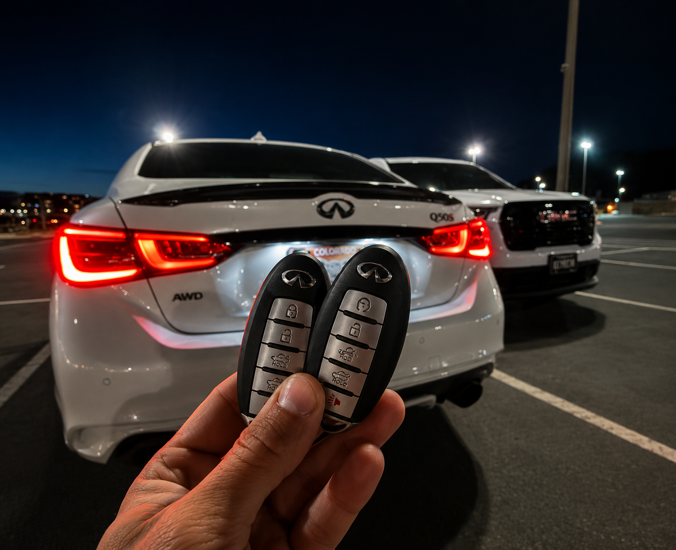 Infiniti Q50 key pair completed in a nighttime parking lot