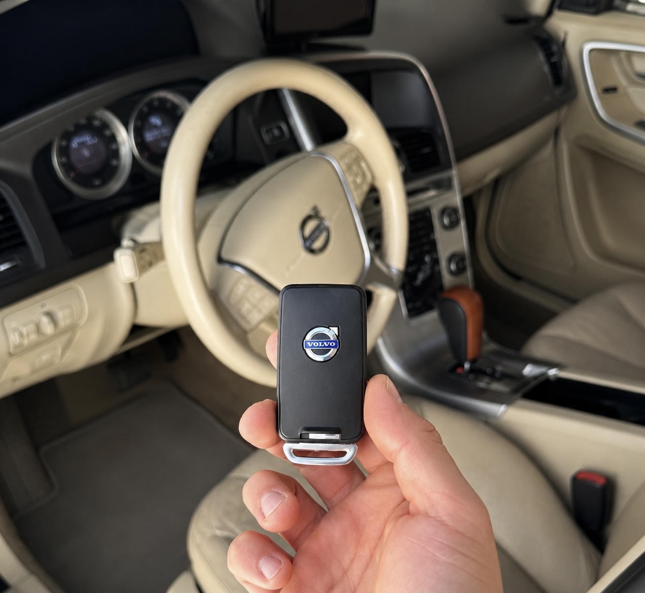 Volvo proximity key replacement inside a beige interior